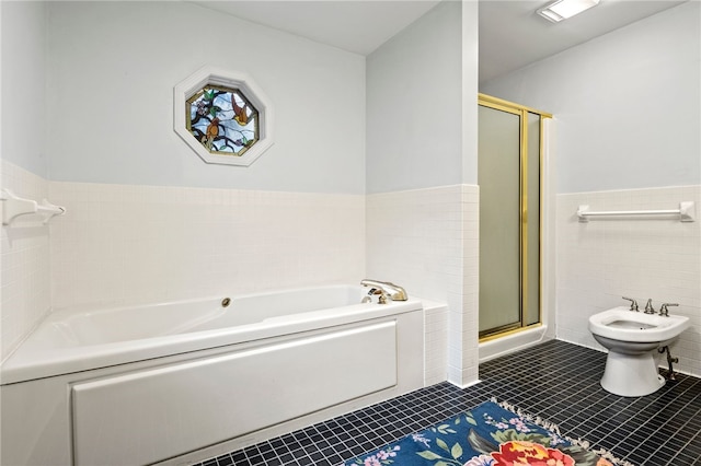 100 Carverdale Dr, Brighton, NY 14618 - full bath with tile walls, a bath, tile patterned floors, a stall shower, and a bidet