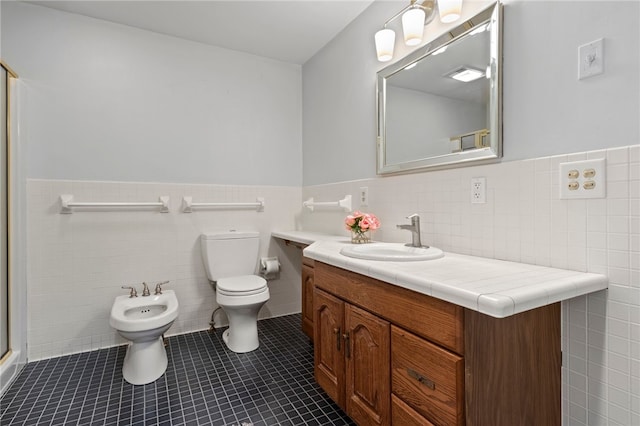 100 Carverdale Dr, Brighton, NY 14618 - full bath with tile walls, vanity, tile patterned floors, a bidet, and a wainscoted wall