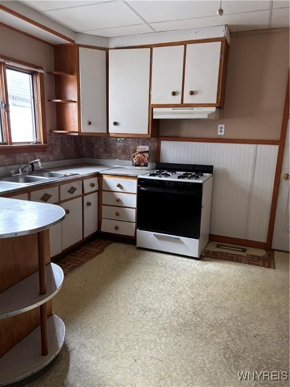 150 Weiss St, Buffalo, NY 14206 - kitchen with white range with gas stovetop, open shelves, white cabinets, under cabinet range hood, and light countertops
