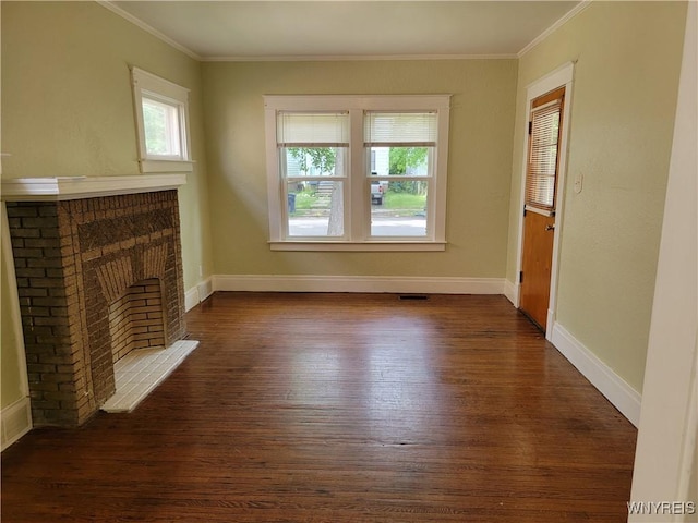 2255 Ontario Ave, Niagara Falls, NY 14305 - unfurnished living room featuring dark wood finished floors, ornamental molding, and a fireplace