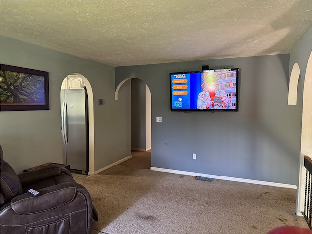 205 Darla Dr, Clarkson, NY 14420 - unfurnished living room featuring arched walkways, a textured ceiling, and carpet