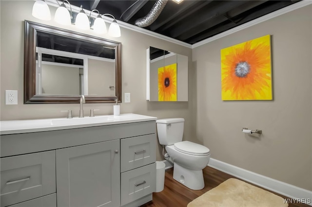 6290 Emily Ct, Clarence, NY 14032 - half bathroom featuring wood finished floors, vanity, and crown molding