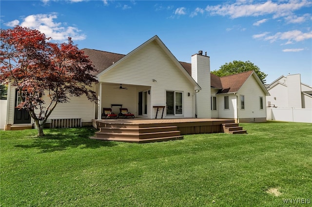 6290 Emily Ct, Clarence, NY 14032 - back of house with a chimney, a wooden deck, and ceiling fan