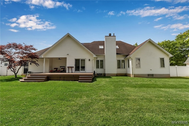 6290 Emily Ct, Clarence, NY 14032 - rear view of property featuring a chimney, a deck, and a ceiling fan