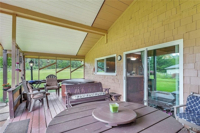 6557 Boberg Rd, Ashford, NY 14171 - deck featuring a hot tub and outdoor dining space
