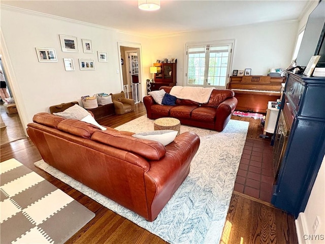 308 Haddonfield Dr, Dewitt, NY 13214 - living area with dark wood-style flooring and crown molding