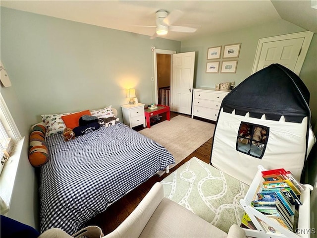 308 Haddonfield Dr, Dewitt, NY 13214 - bedroom with wood finished floors, vaulted ceiling, and ceiling fan