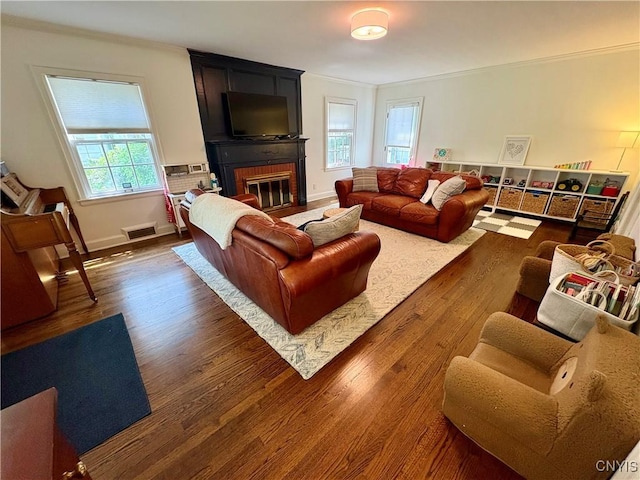 308 Haddonfield Dr, Dewitt, NY 13214 - living area with ornamental molding, dark wood-style flooring, and a fireplace