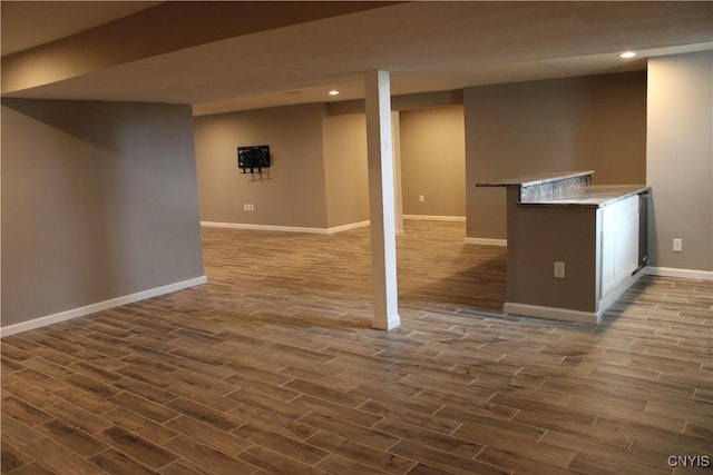 4745 Lynnville, Clay, NY 13041 - finished below grade area with dark wood-style floors, recessed lighting, and a dry bar