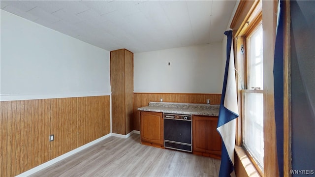 133 Freund St, Buffalo, NY 14215 - bar featuring dishwasher, light wood-style floors, a wainscoted wall, and wood walls