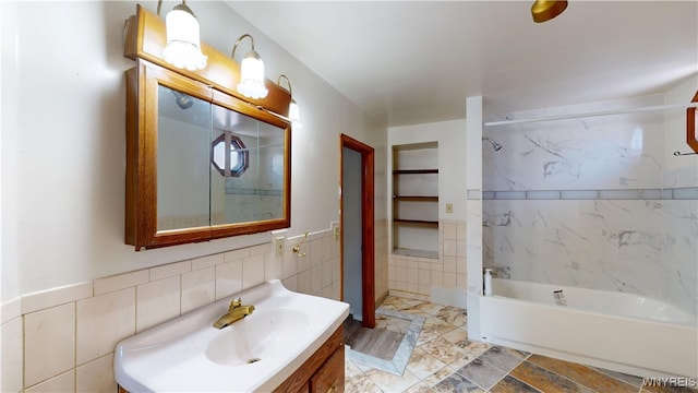 133 Freund St, Buffalo, NY 14215 - full bath featuring vanity, shower / tub combination, and tile walls