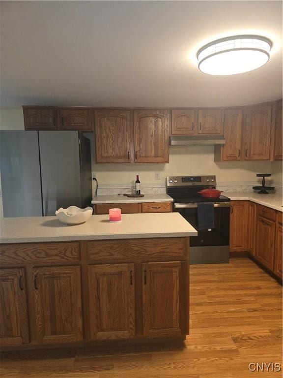 259 Flower Ave W, Watertown-City, NY 13601 - kitchen with appliances with stainless steel finishes, under cabinet range hood, light countertops, and light wood-type flooring