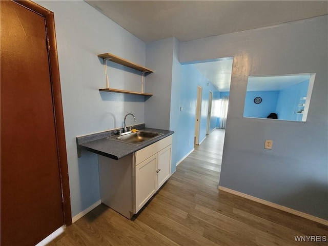 196 Kilhoffer St Unit B, Buffalo, NY 14211 - kitchen with dark countertops, wood finished floors, white cabinets, and open shelves