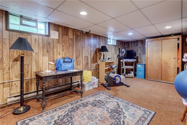 921 Wayneport Rd, Macedon, NY 14502 - workout area with a paneled ceiling, carpet flooring, wood walls, recessed lighting, and baseboard heating