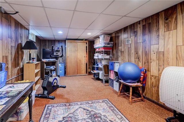 921 Wayneport Rd, Macedon, NY 14502 - exercise area with carpet, wood walls, a drop ceiling, and recessed lighting