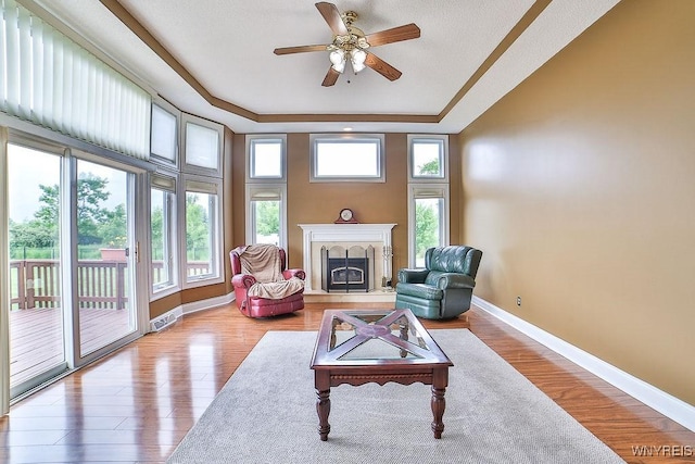 6850 Shawnee Rd, Wheatfield, NY 14120 - living room with plenty of natural light, a raised ceiling, ceiling fan, and a fireplace