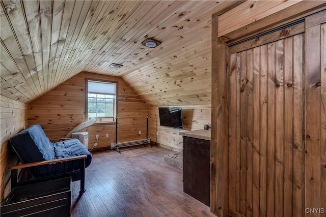 33039 County Route 22, Antwerp, NY 13691 - sitting room featuring wood walls, wood-type flooring, vaulted ceiling, and wooden ceiling