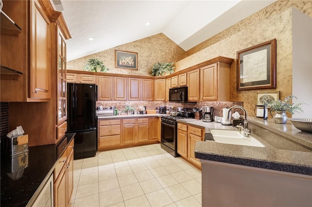 148 Maryview Dr Unit 148, Webster, NY 14580 - kitchen featuring black appliances, light tile patterned floors, decorative backsplash, high vaulted ceiling, and a peninsula