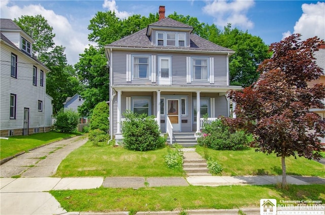 7 Beechview Ave, Jamestown, NY 14701 - american foursquare style home featuring a porch, a front lawn, a chimney, and roof with shingles