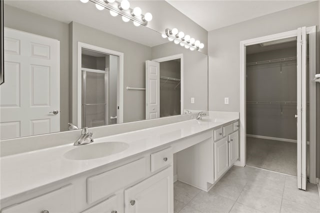 189 Maryview Dr, Penfield, NY 14580 - bathroom featuring double vanity, a spacious closet, a shower stall, and tile patterned flooring