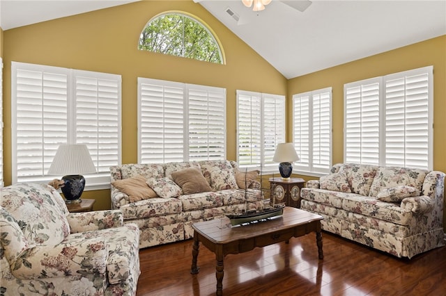 189 Maryview Dr, Penfield, NY 14580 - living room with wood finished floors, ceiling fan, and high vaulted ceiling