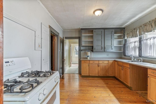 218-20 Avery Ave, Syracuse, NY 13204 - kitchen featuring white gas range oven, crown molding, open shelves, healthy amount of natural light, and light countertops