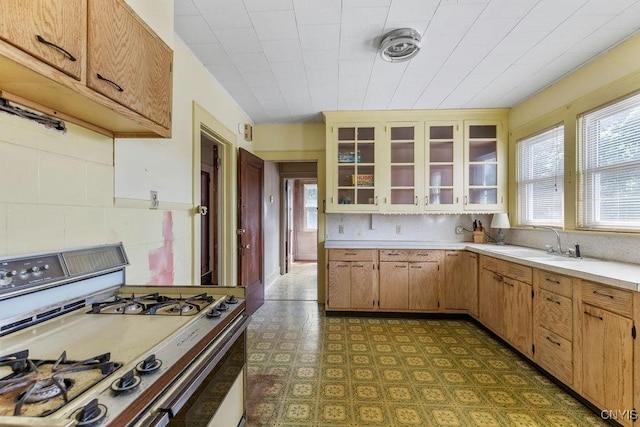 218-20 Avery Ave, Syracuse, NY 13204 - kitchen featuring range with gas cooktop, light countertops, tile patterned floors, and glass insert cabinets