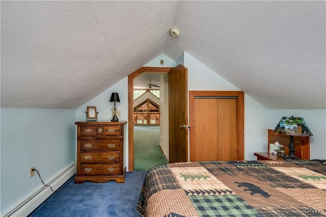 8782 Buck Point Rd, Watson, NY 13367 - carpeted bedroom with a baseboard radiator, a textured ceiling, vaulted ceiling, and a closet