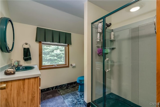 8782 Buck Point Rd, Watson, NY 13367 - full bathroom with marble look tile flooring, vanity, and a shower stall