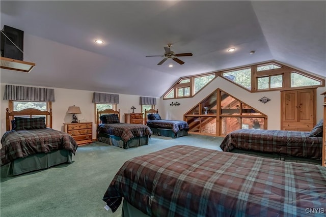 8782 Buck Point Rd, Watson, NY 13367 - bedroom featuring carpet, lofted ceiling, a ceiling fan, and recessed lighting