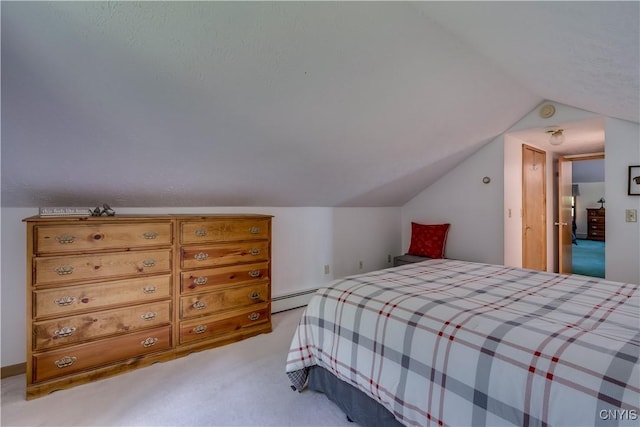 8782 Buck Point Rd, Watson, NY 13367 - bedroom with a baseboard heating unit, lofted ceiling, and light carpet