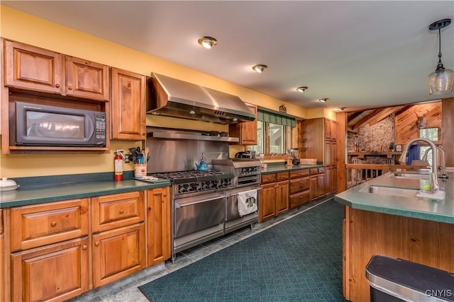 8782 Buck Point Rd, Watson, NY 13367 - kitchen featuring wall chimney range hood, black microwave, double oven range, and brown cabinetry