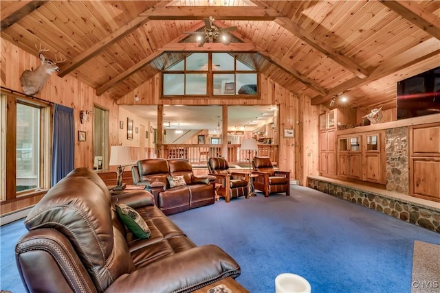 8782 Buck Point Rd, Watson, NY 13367 - carpeted living room featuring ceiling fan, wooden walls, high vaulted ceiling, and a wooden ceiling with exposed beams