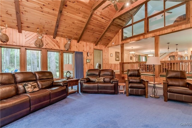 8782 Buck Point Rd, Watson, NY 13367 - carpeted living area featuring high vaulted ceiling, wood walls, and a wooden ceiling with exposed beams