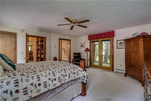 8782 Buck Point Rd, Watson, NY 13367 - bedroom with access to exterior, a baseboard heating unit, light carpet, a textured ceiling, and ceiling fan