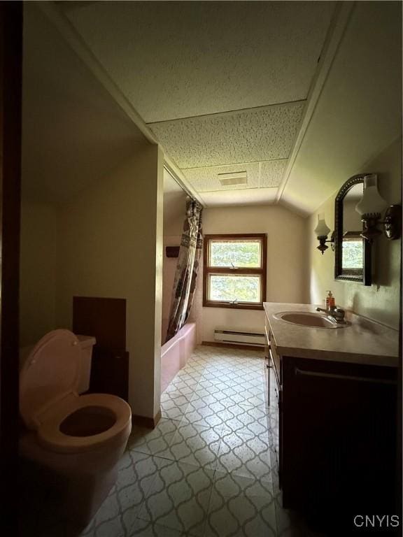 5877 State Route 233, Westmoreland, NY 13440 - bathroom with a baseboard radiator, vanity, shower / tub combo, and tile patterned floors