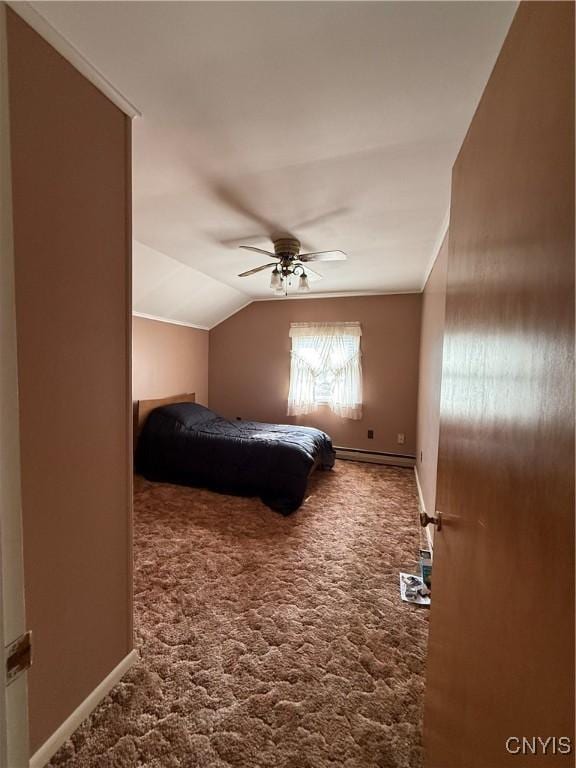 5877 State Route 233, Westmoreland, NY 13440 - bedroom featuring carpet flooring, baseboard heating, vaulted ceiling, and ceiling fan