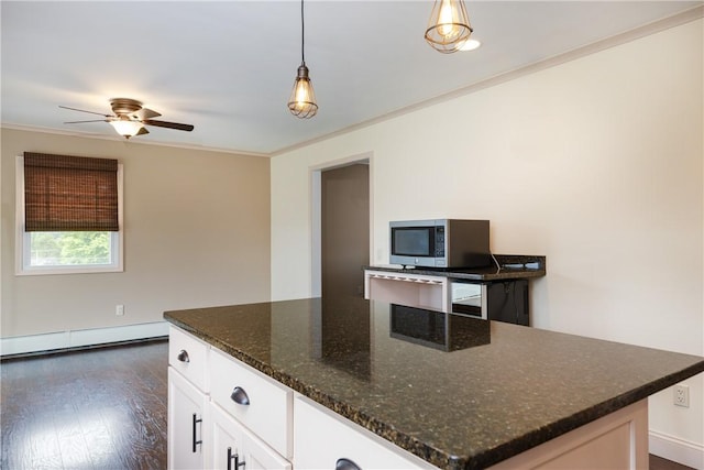 1192 Clendenning Rd, Lindley, NY 14870 - kitchen featuring stainless steel microwave, a baseboard heating unit, crown molding, ceiling fan, and dark wood-style flooring