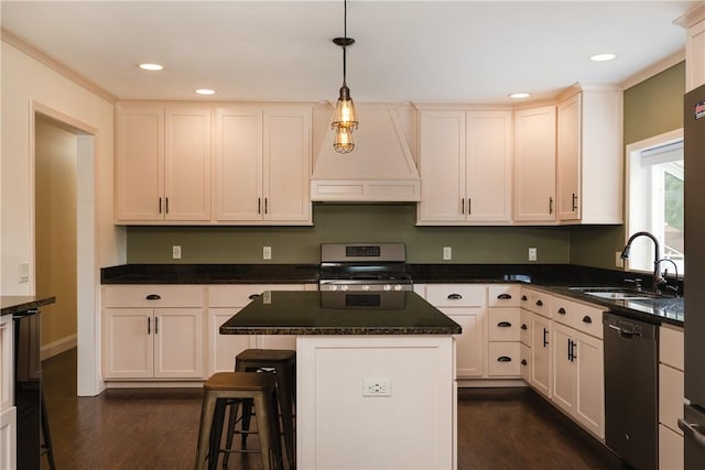 1192 Clendenning Rd, Lindley, NY 14870 - kitchen with stove, dishwasher, custom exhaust hood, dark wood-style floors, and a kitchen breakfast bar