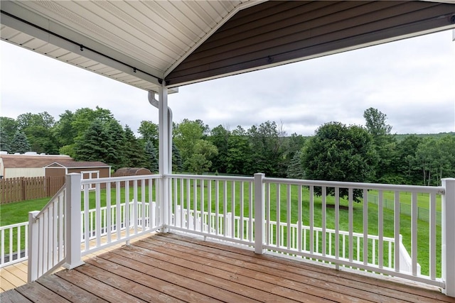 1192 Clendenning Rd, Lindley, NY 14870 - wooden deck featuring a lawn, an outbuilding, and a forest view
