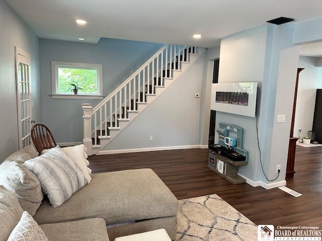 12 Juliet St, Jamestown, NY 14701 - living area with stairs, wood finished floors, and recessed lighting