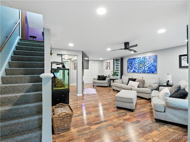 5137 William St, Lancaster, NY 14086 - living room with stairs, wood finished floors, ceiling fan, and recessed lighting