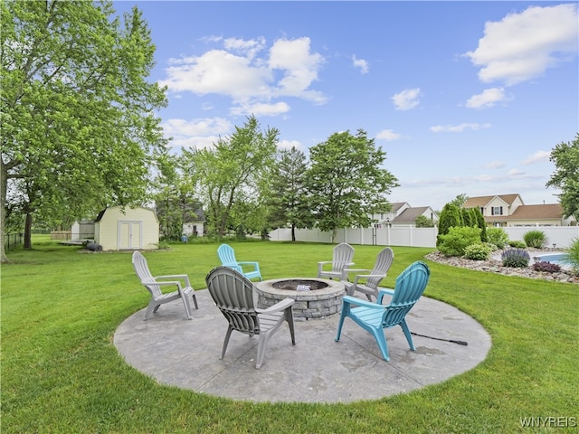 5137 William St, Lancaster, NY 14086 - view of patio / terrace featuring an outdoor fire pit and a storage shed