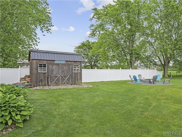 5137 William St, Lancaster, NY 14086 - fenced backyard with a shed, an outdoor fire pit, and a patio