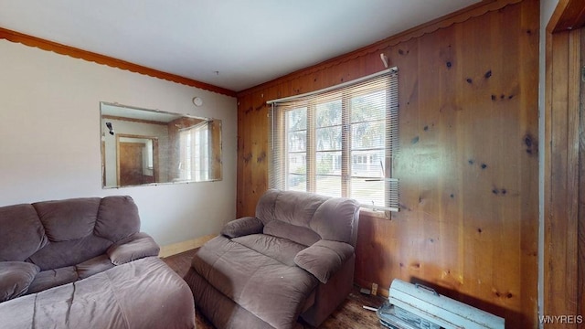 173 Hedley Pl, Buffalo, NY 14208 - living area featuring plenty of natural light, ornamental molding, wood finished floors, and wooden walls