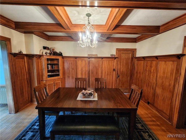 2207 Sheldon Dr, Allegany, NY 14706 - dining room with a chandelier, coffered ceiling, beam ceiling, light wood finished floors, and a wainscoted wall