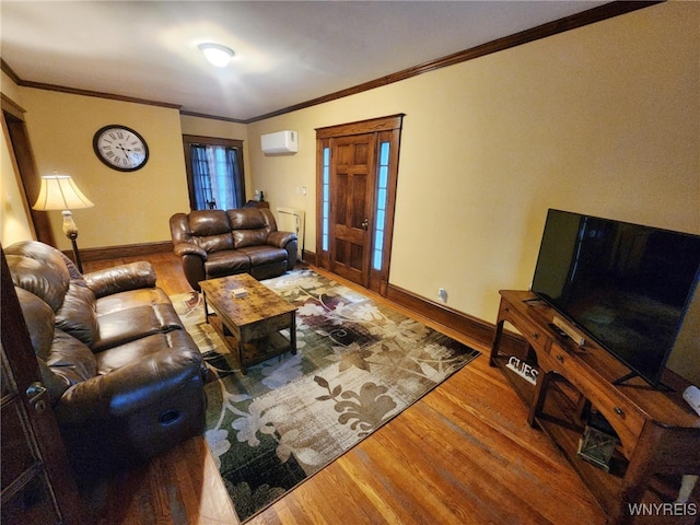 2207 Sheldon Dr, Allegany, NY 14706 - living room featuring wood finished floors, a wall unit AC, and crown molding