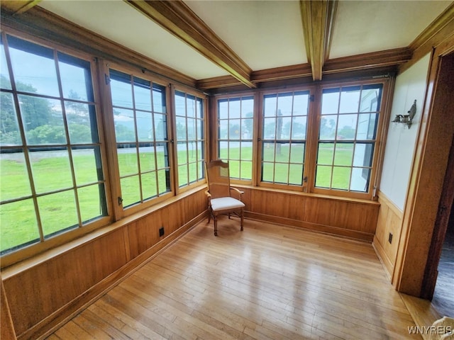 2207 Sheldon Dr, Allegany, NY 14706 - unfurnished sunroom with beamed ceiling, wood-type flooring, healthy amount of natural light, wood walls, and french doors