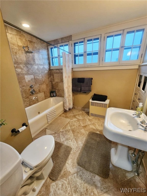 2207 Sheldon Dr, Allegany, NY 14706 - bathroom with shower / bath combo and stone finish flooring