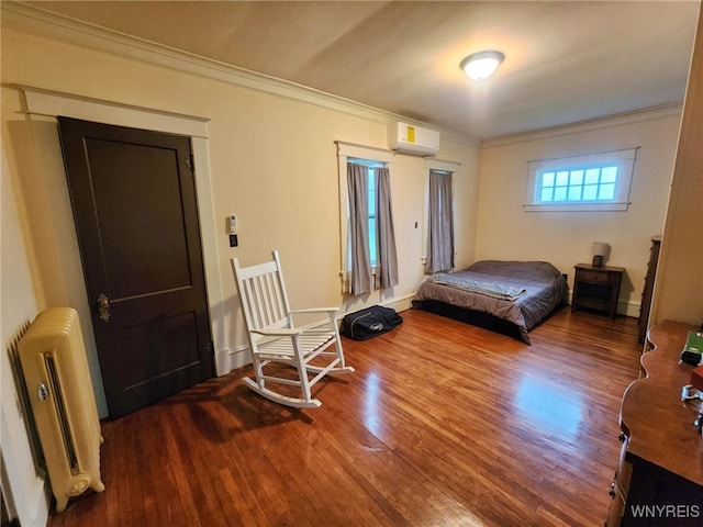 2207 Sheldon Dr, Allegany, NY 14706 - bedroom with radiator, wood finished floors, crown molding, and an AC wall unit